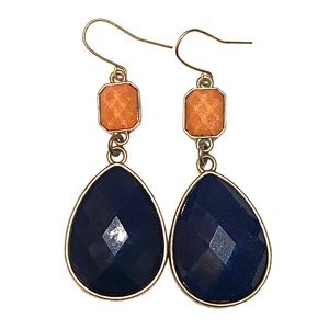 Navy Blue Orange Dangle Statement Earrings